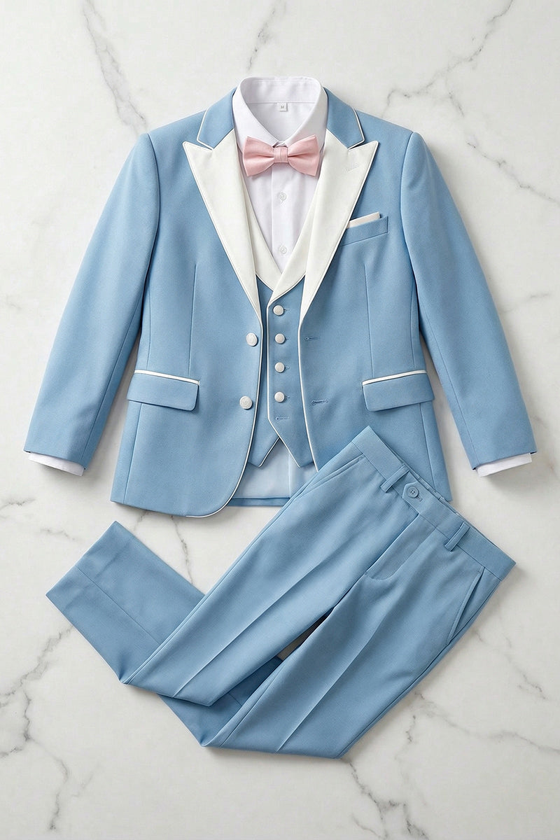 Boys Light Blue 3-Piece Suit with White Satin Lapel