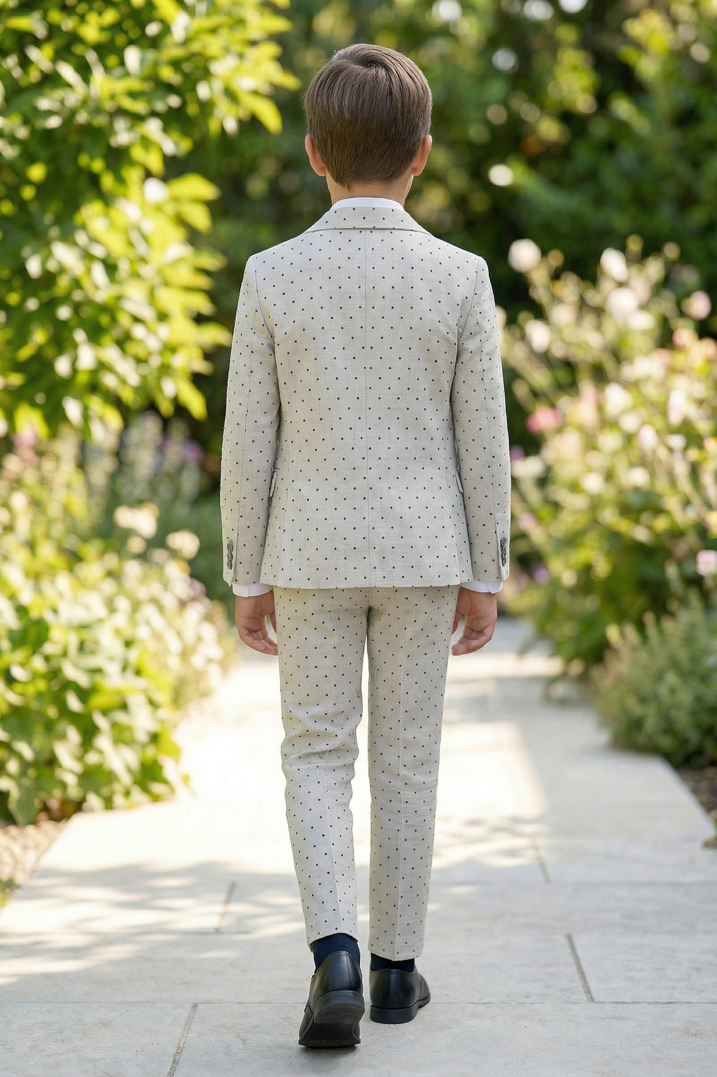 Beige Polka Dot Cotton-Linen Blend 2-Piece Suit