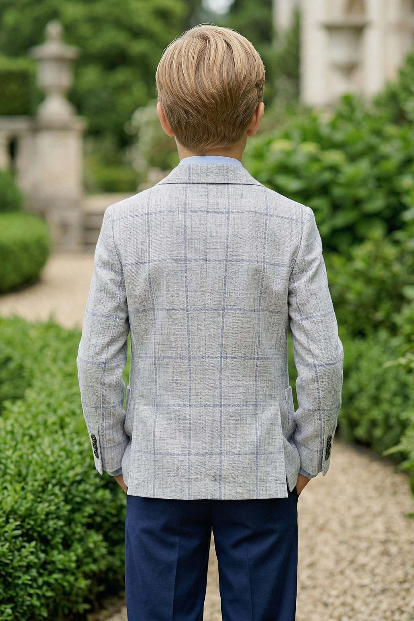 Light Gray Cotton-Linen Blend Large-Check Single-Breasted Blazer