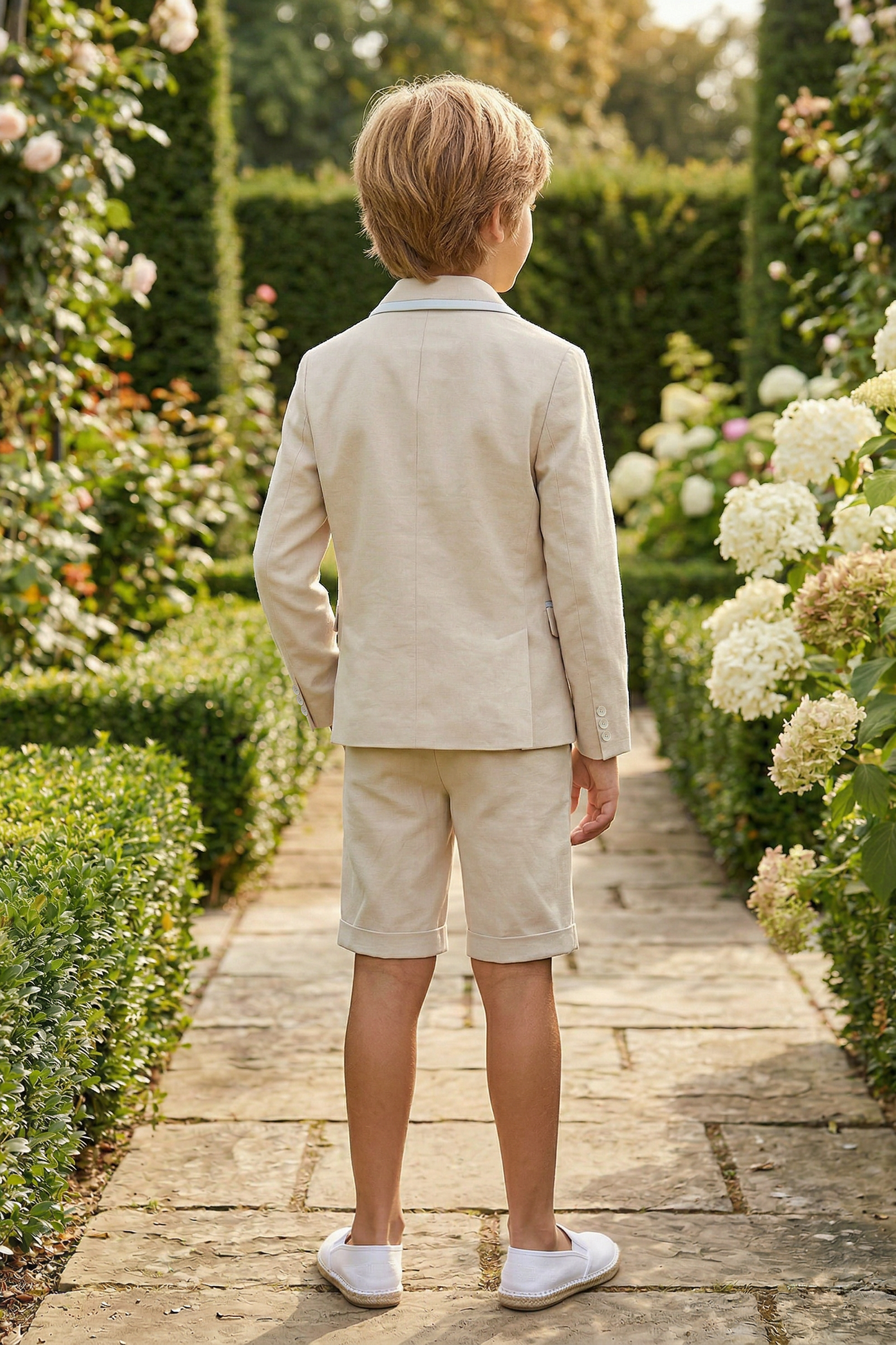 Apricot Cotton-Linen Blend Two-Piece Suit with Satin Piping