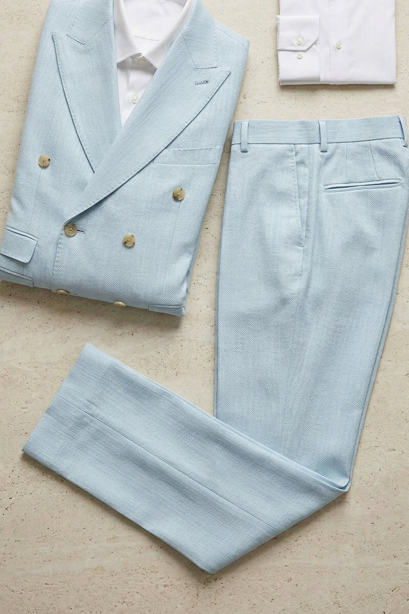 Boys Sky Blue Herringbone Double-Breasted 2-piece Suit