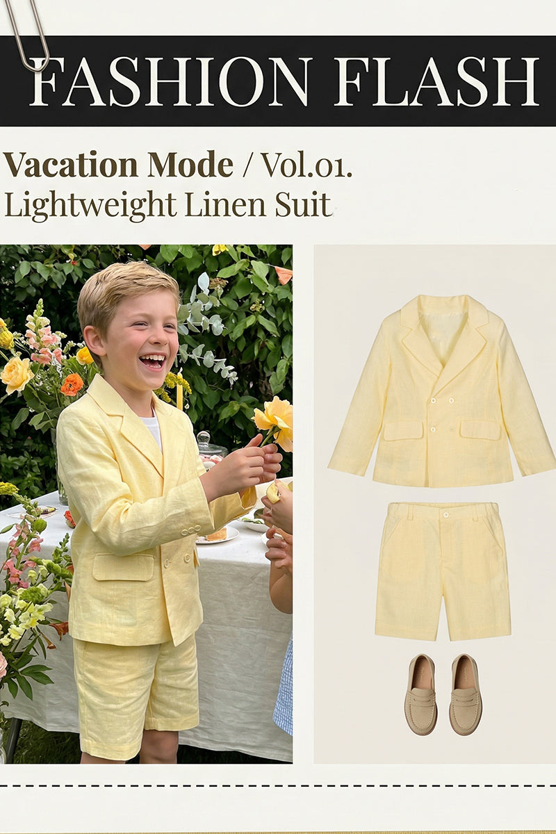 Boys Pale Yellow Double-Breasted Linen-Blend Shorts 2-piece Suit