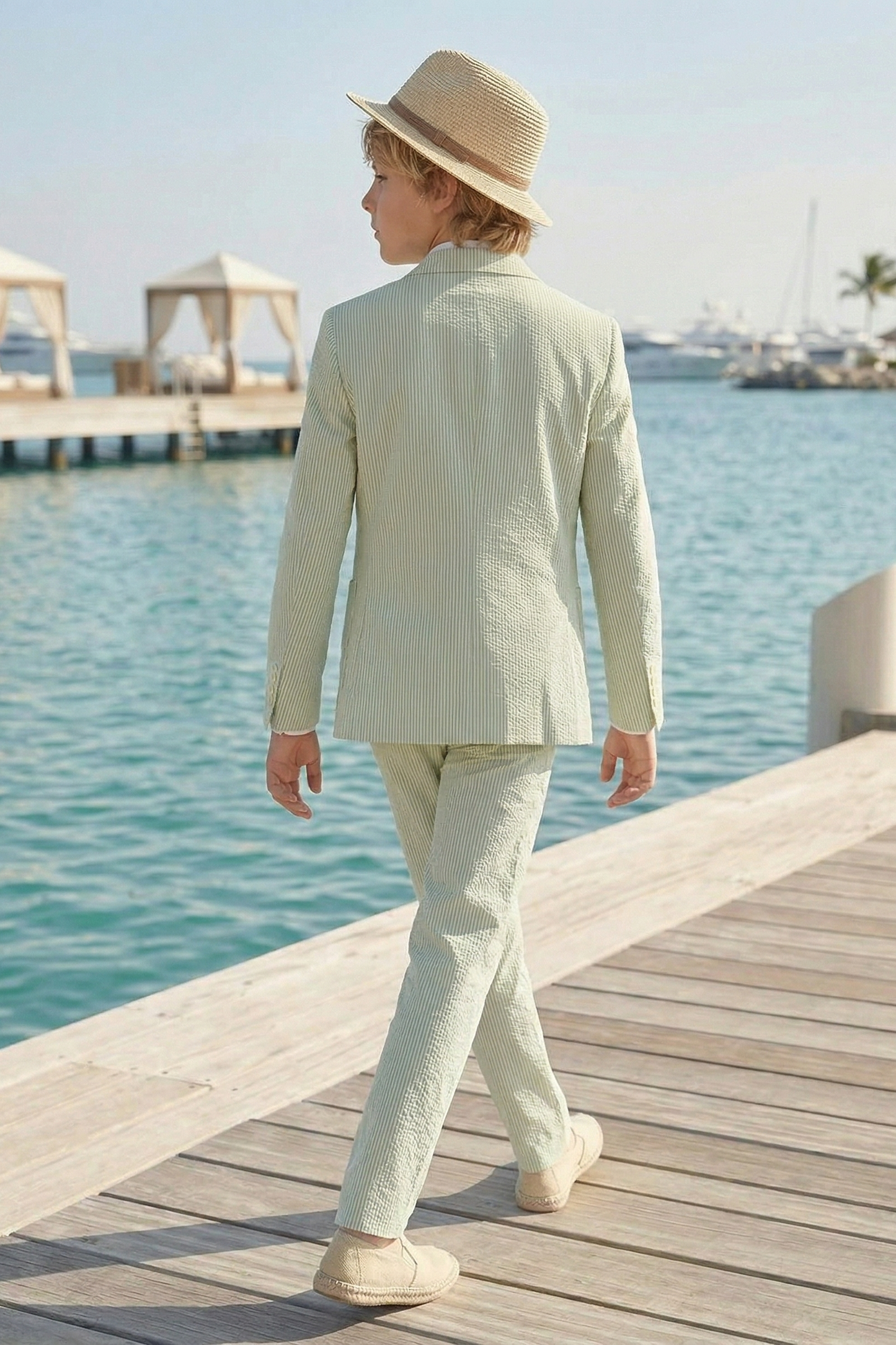 Light Green Striped Seersucker Single-Breasted 2-Piece Suit