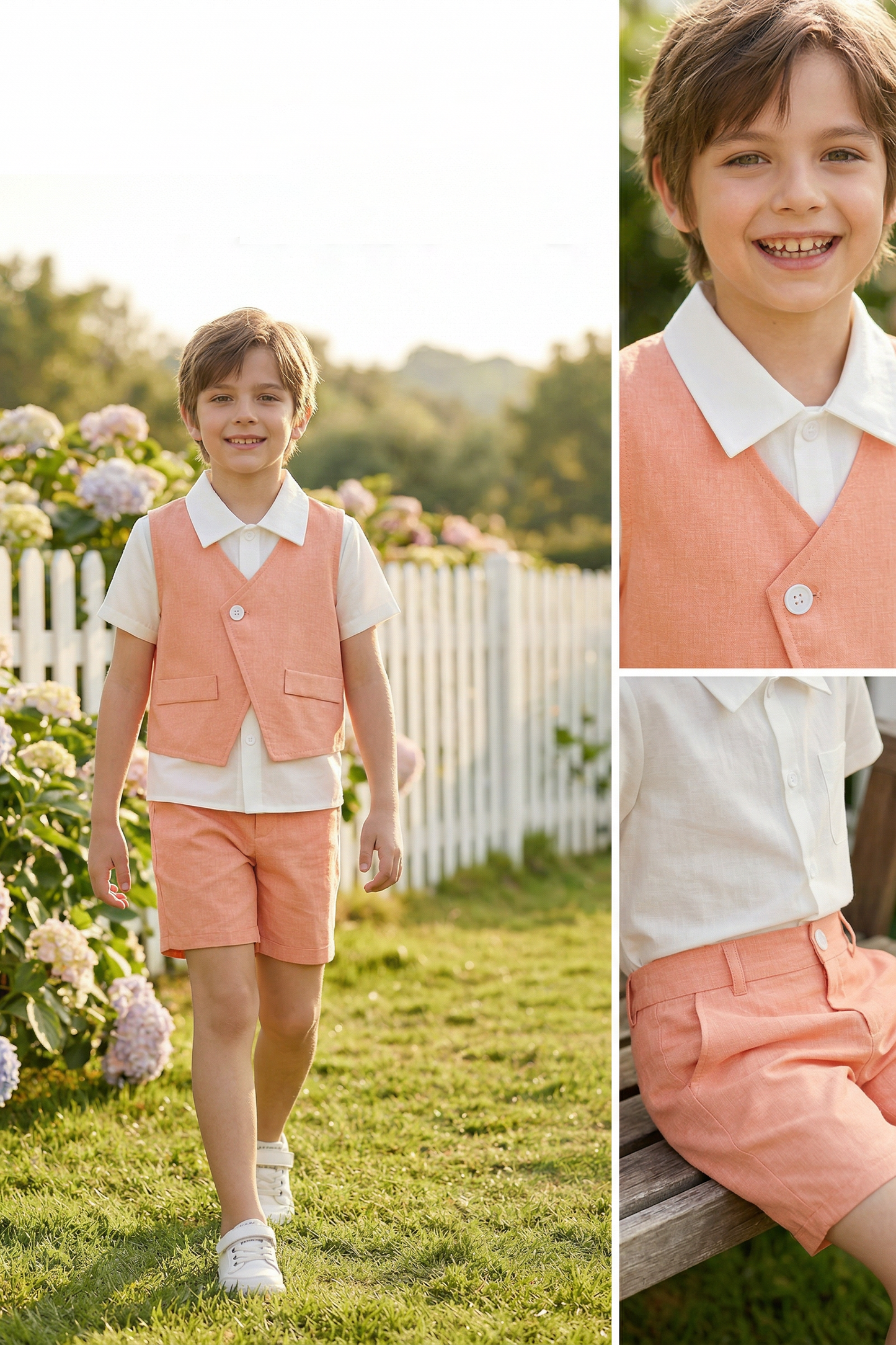 Light Orange Cotton-Linen Blend V-Neck Vest 2-Piece Set