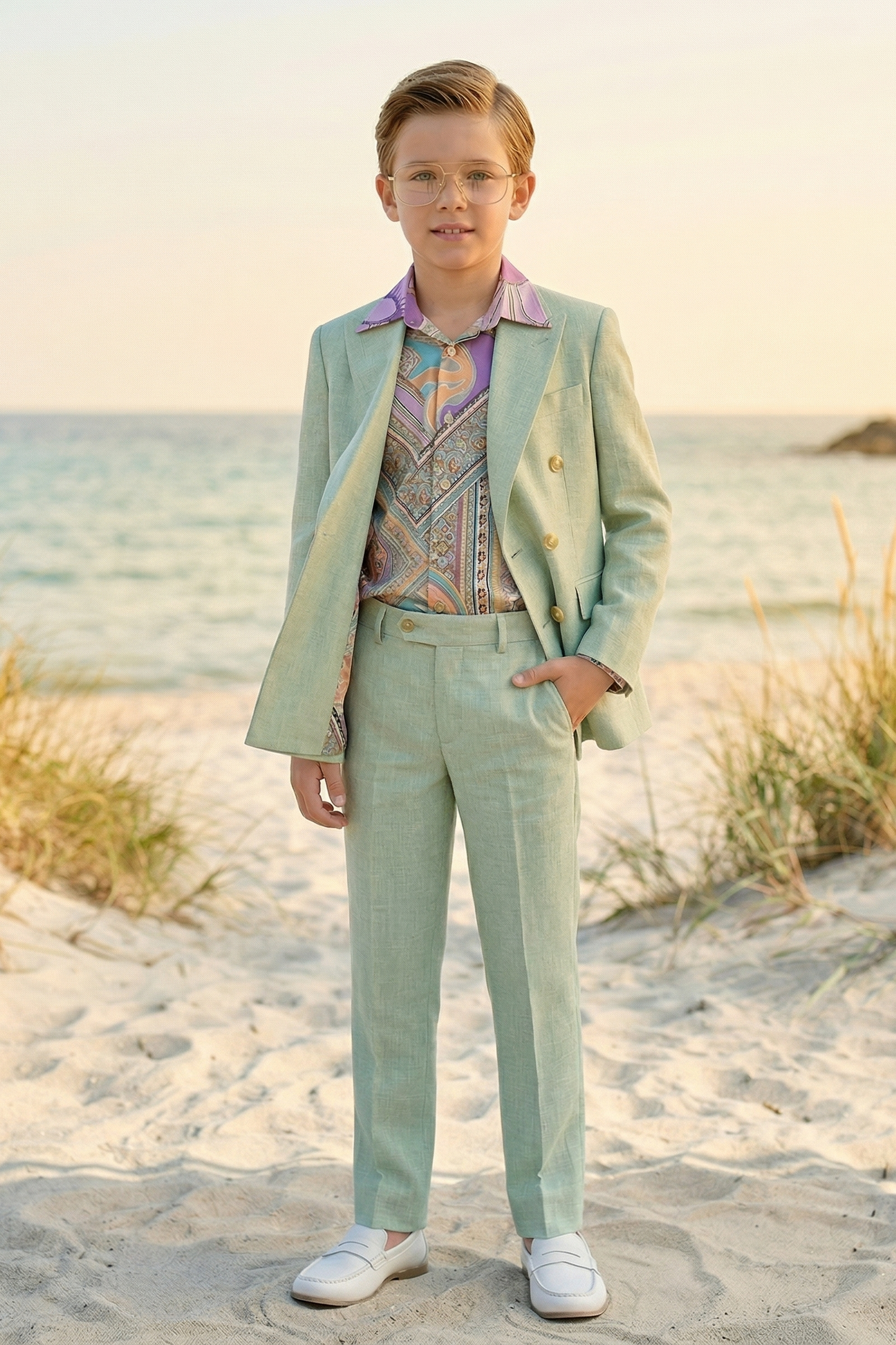 Mint Green Cotton-Linen Blend Double-Breasted 2-Piece Suit