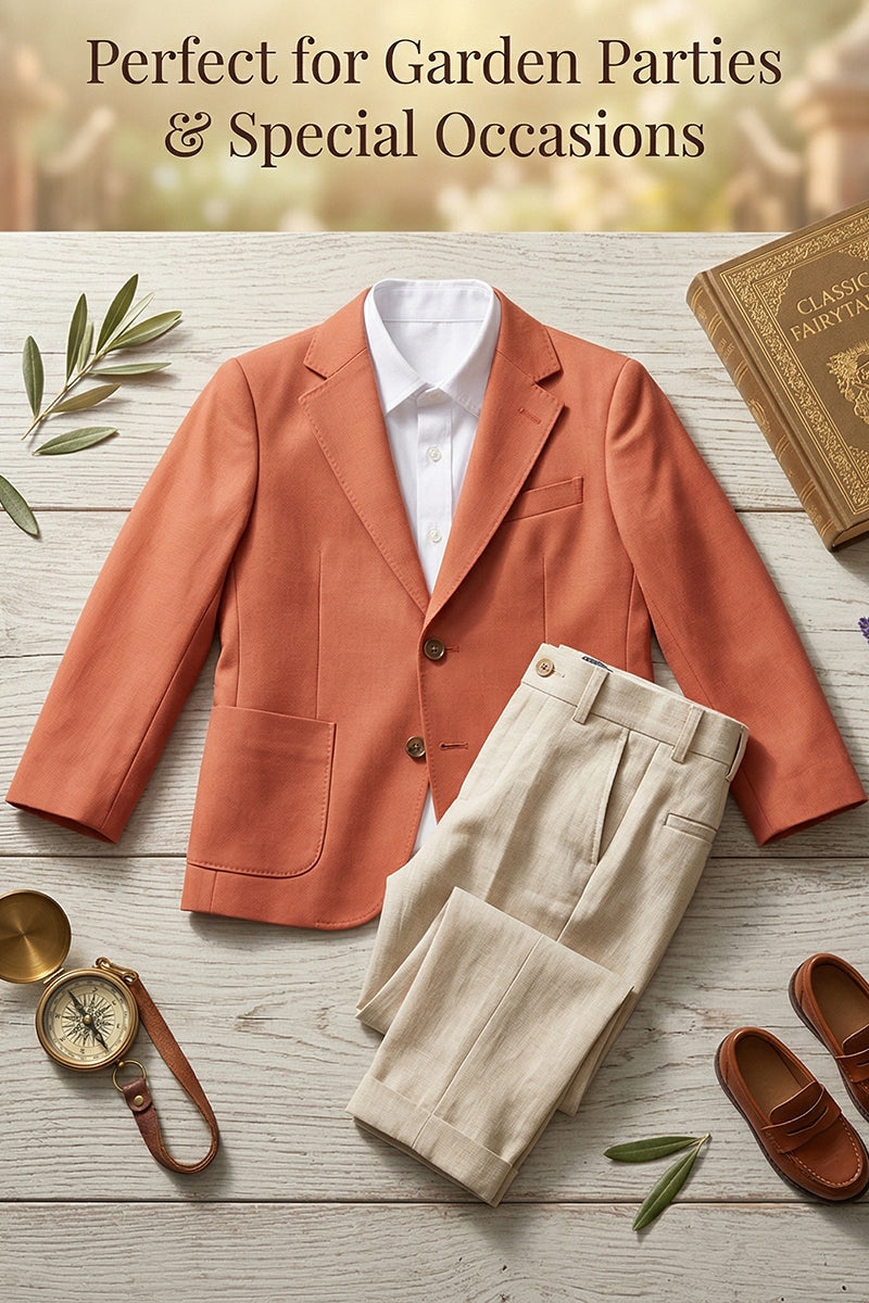 Boys Coral Linen Blazer & Beige Linen Trousers 2-piece Suit