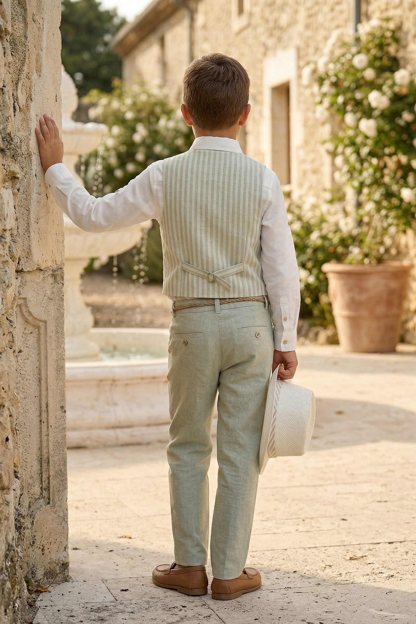 Light Green Cotton-Linen Blend Striped Vest 2-Piece Set