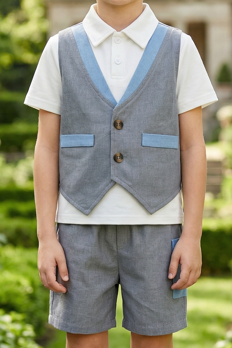 Dark Gray and Blue Cotton-Linen Blend 2-Piece Vest Set