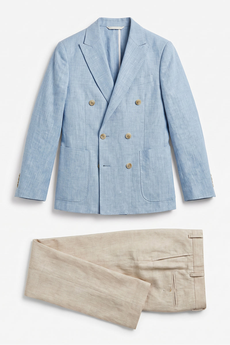 Boys Light Blue Linen-Blend Double-Breasted 2-piece Suit