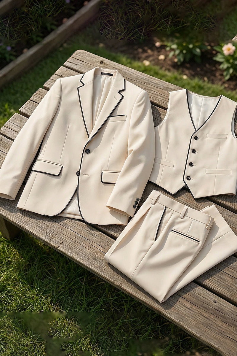Boys Beige 3-Piece Suit with Black Piping for Garden Weddings