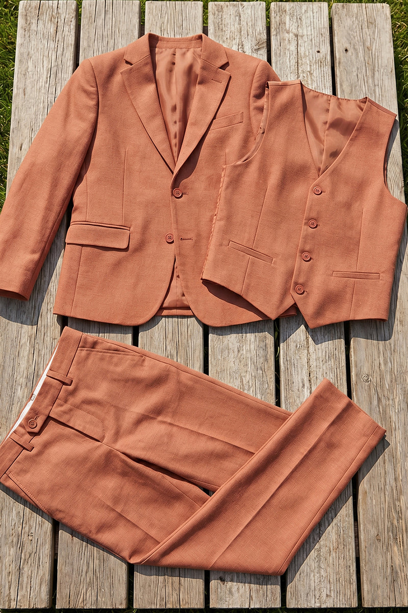 Boys Terracotta Linen-Blend 3-Piece Suit for Rustic Weddings