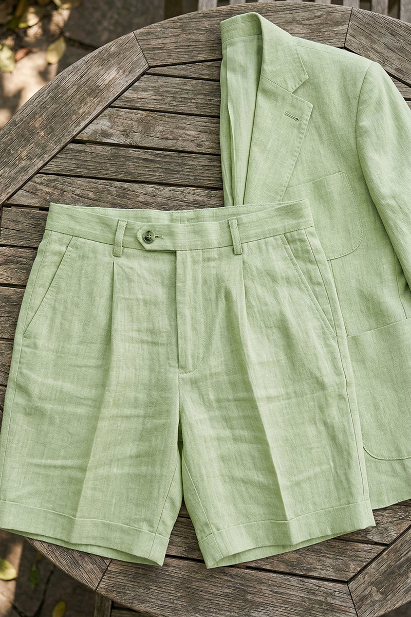 Boys Sage Green Linen Blazer & Shorts 2-piece Suit