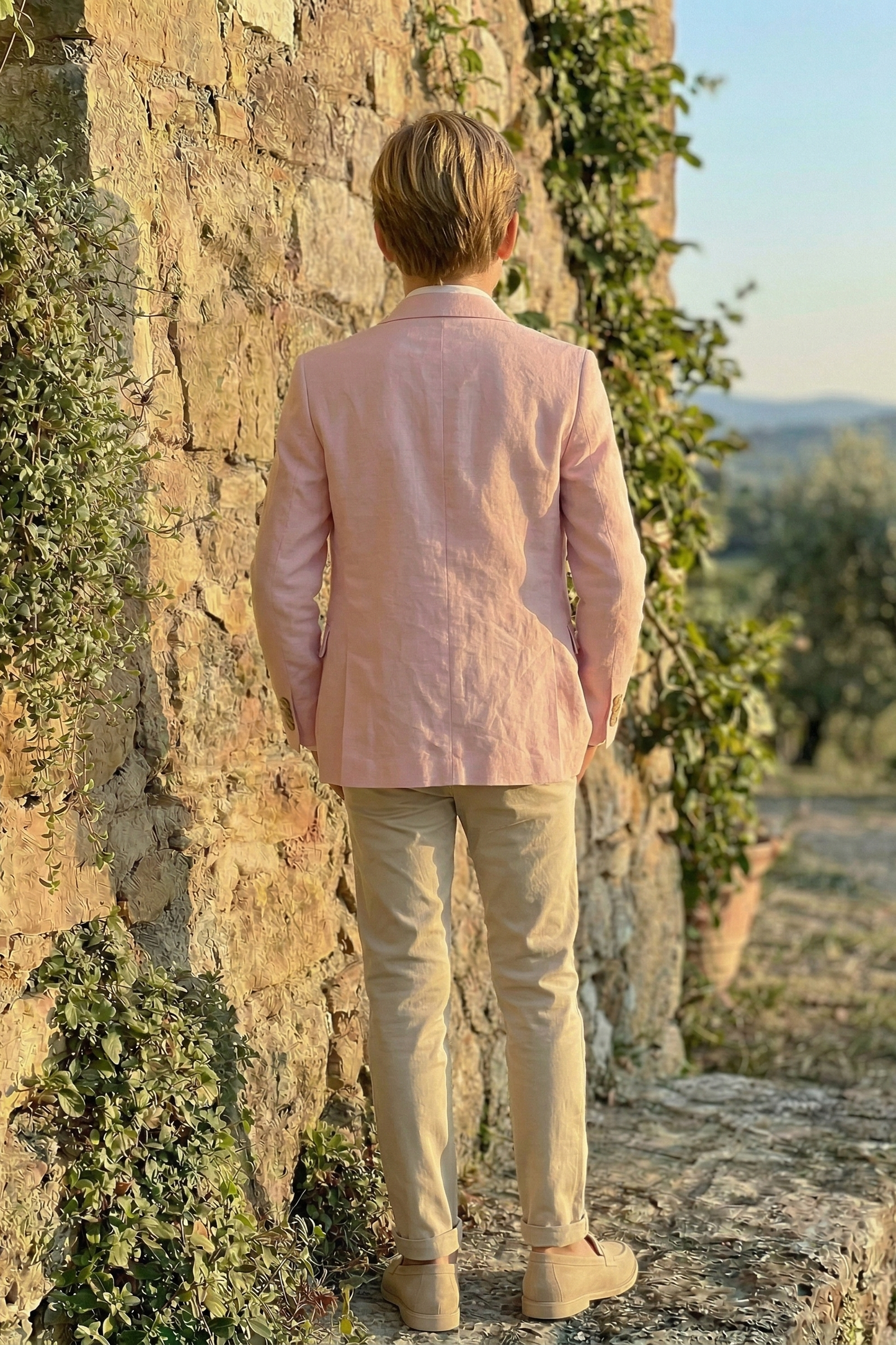 Pink and Khaki Cotton-Linen Single-Breasted 2-Piece Suit