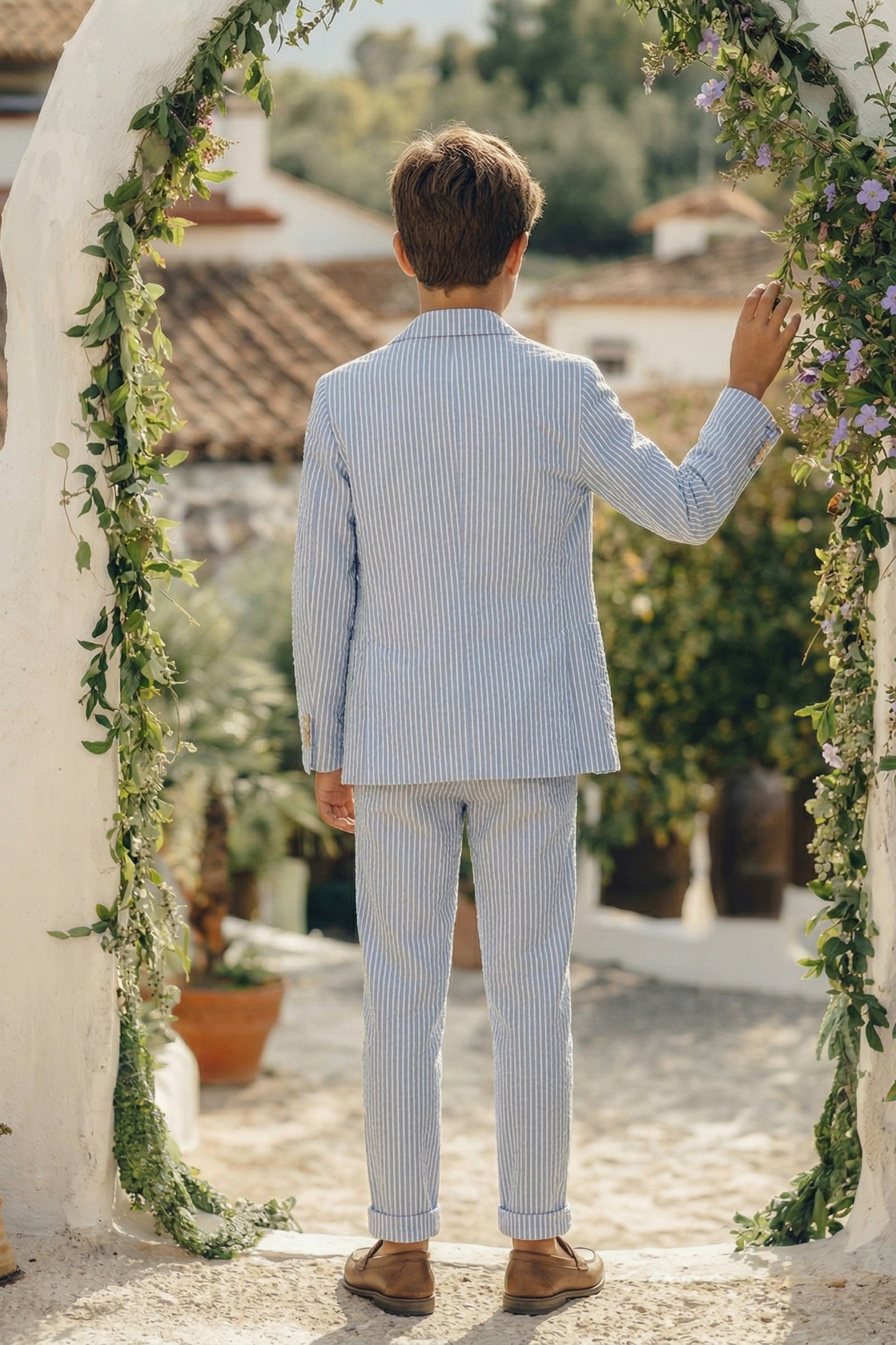 Blue Striped Seersucker Single-Breasted 2-Piece Suit