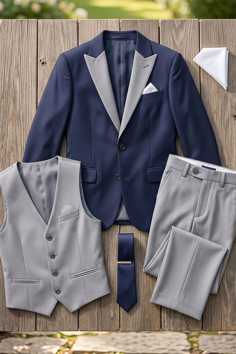 Boys Navy Blue & Grey 3-Piece Suit for Garden Weddings