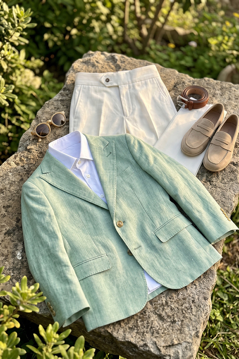 Boys Sage Green Linen Blazer & Cream Trousers 2-piece Suit