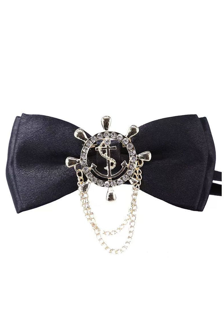 Boys Black Satin Nautical Brooch Bow Tie