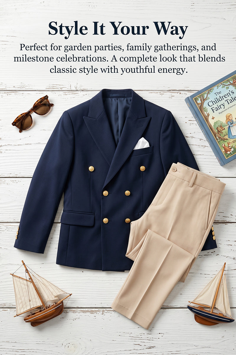 Boys Navy Blue Double-Breasted Blazer 2-piece Suit for Garden Weddings