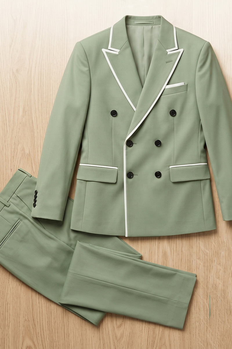 Boys Sage Green Double-Breasted with White Piping 2-piece Suit
