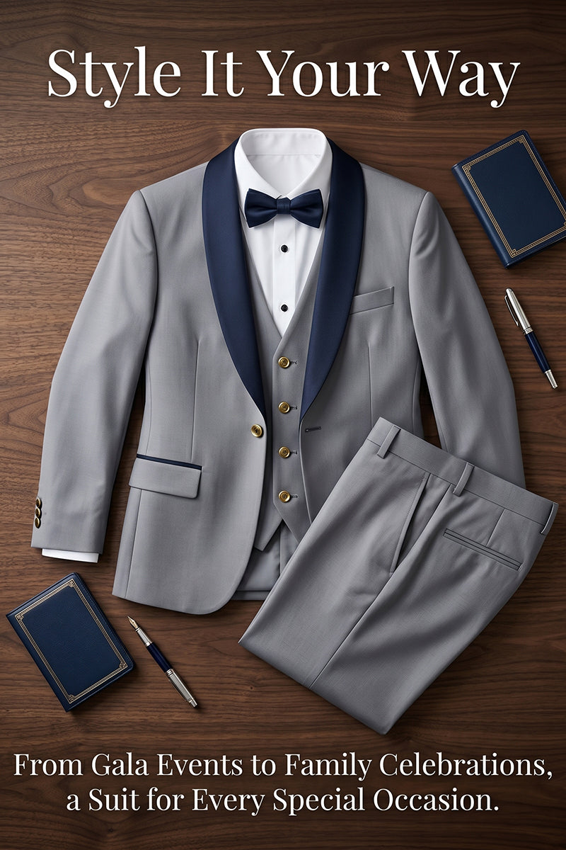 Boys Grey Tuxedo with Black Lapel 3-Piece Suit
