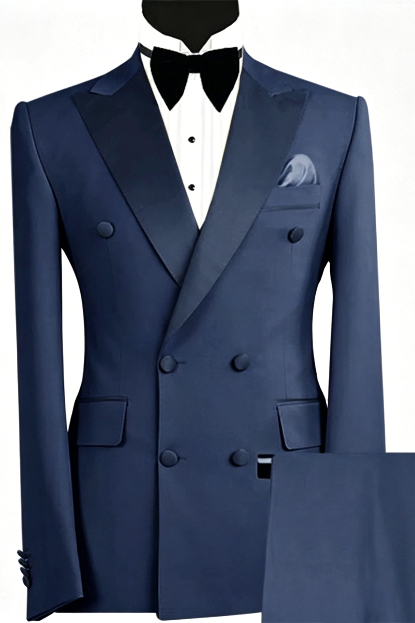 Navy Blue Blended Satin Double-Breasted 2-Piece Suit