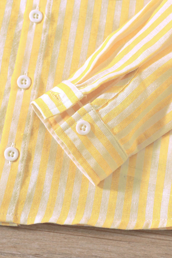 Yellow And White Striped Cotton Linen Long-Sleeved Shirt