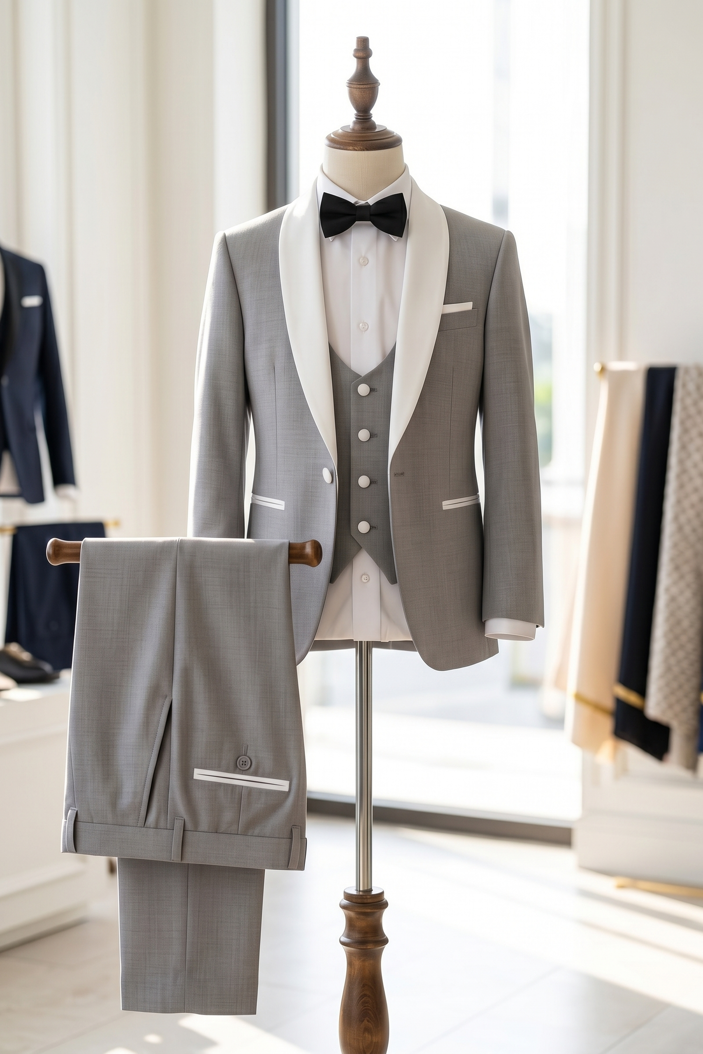 Light Gray And White Cotton Linen Single-Breasted 3-Piece Suit