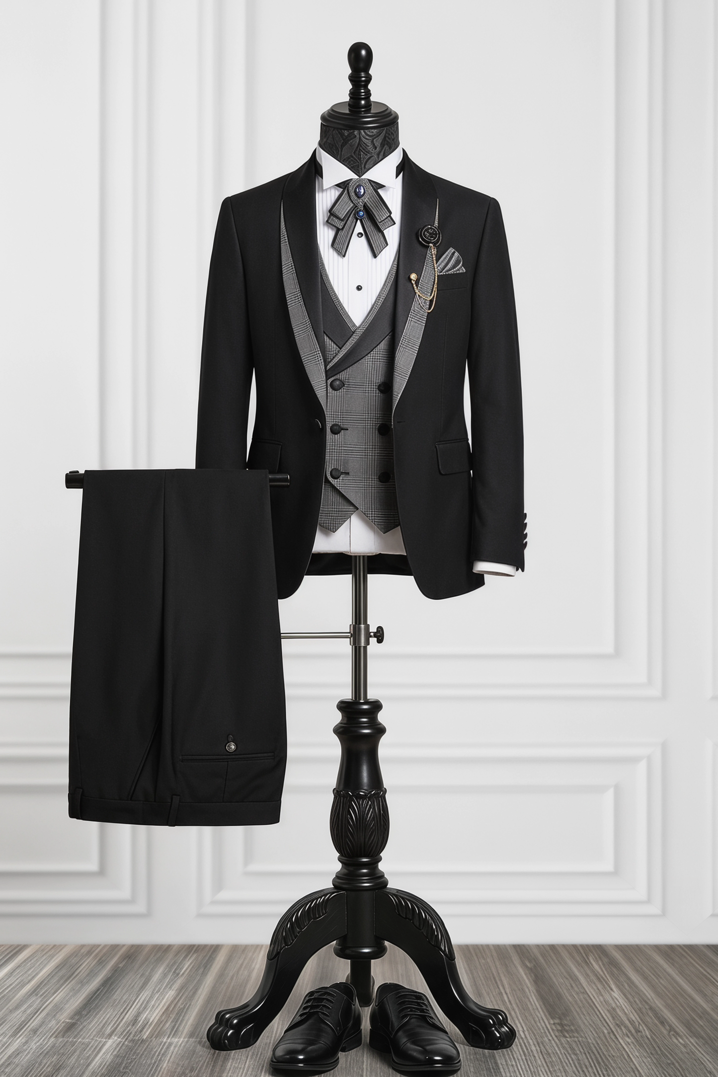 Black Plaid Satin Blend 3-Piece Suit