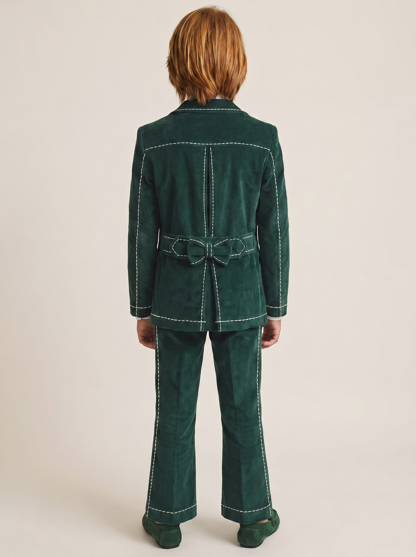 Dark Green Velvet Contrasting Topstitching 5-Piece Suit
