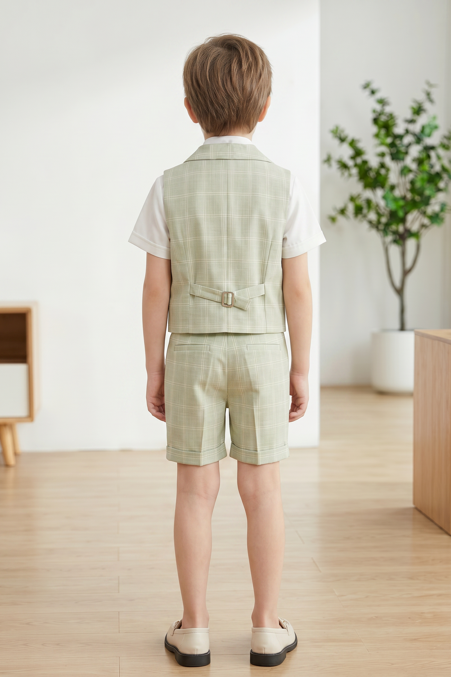 Green Plaid Lapel Double-Breasted Vest 4-Piece Set