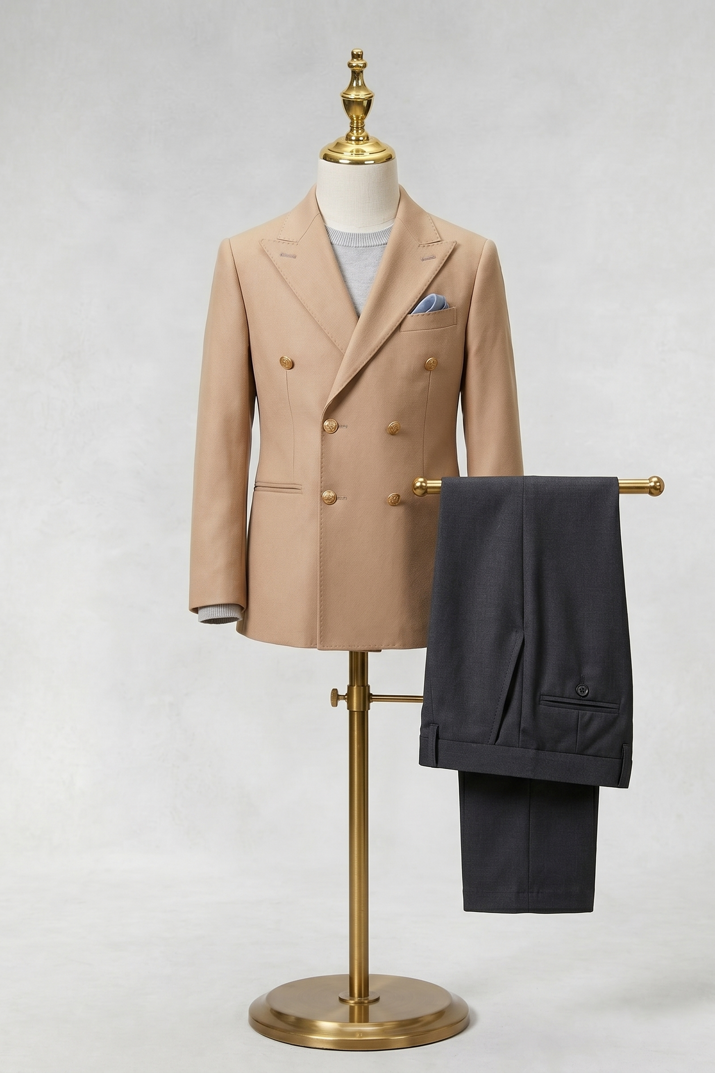 Khaki And Black Color-Blocked Double-Breasted 2-Piece Suit