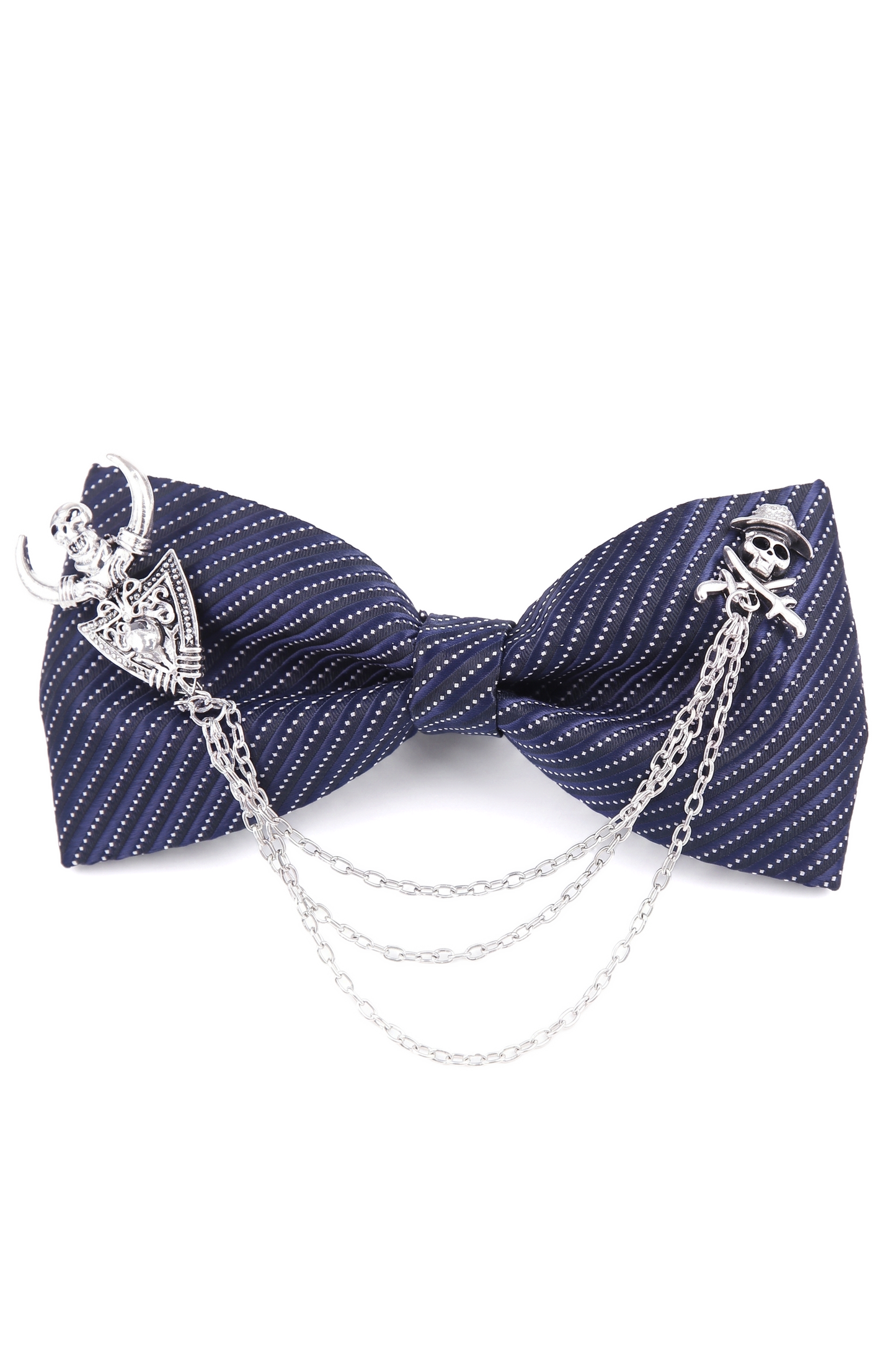 Navy Blue Striped Pirate Brooch Satin Bow Tie