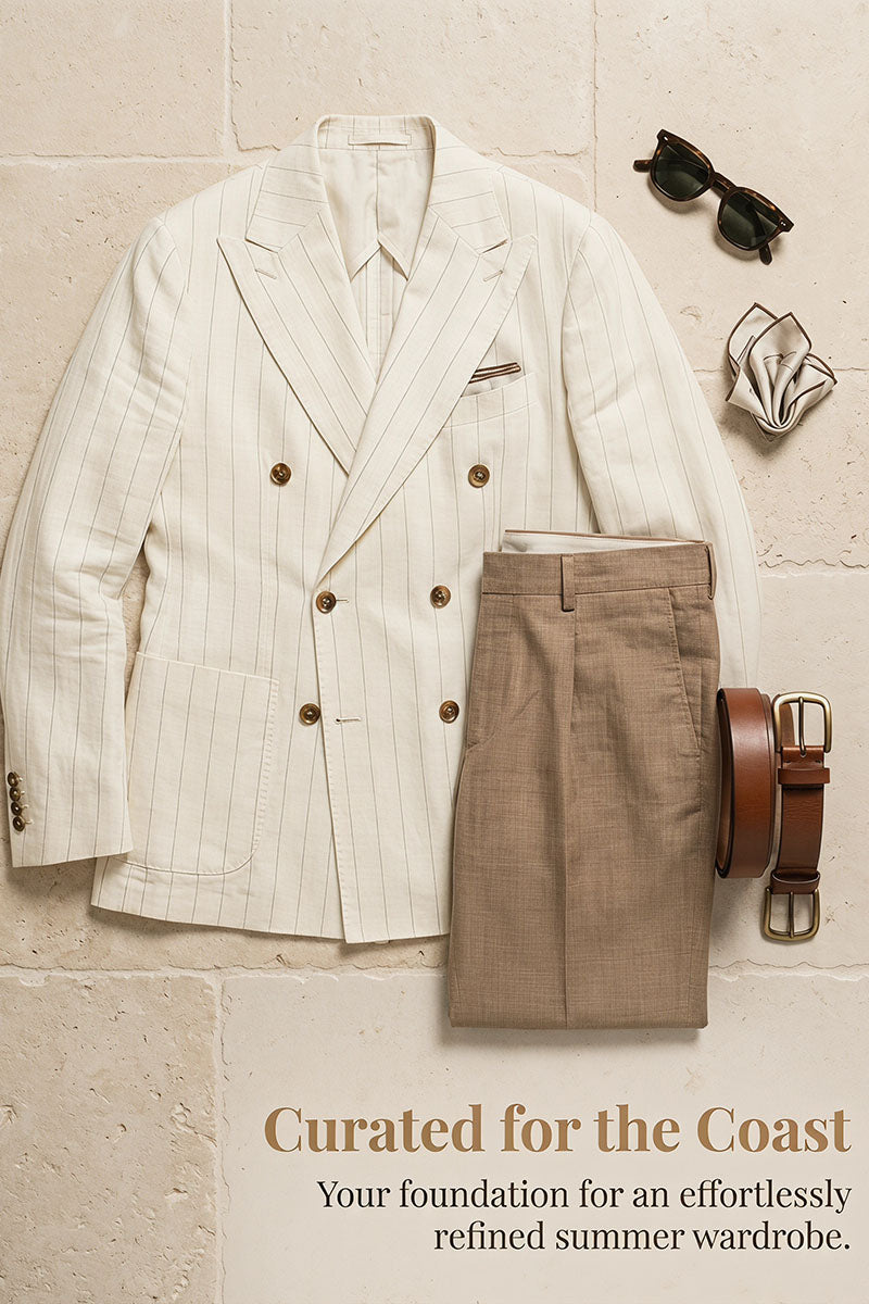 Boys Cream Pinstripe Double-Breasted Linen 2-Piece Suit for Weddings