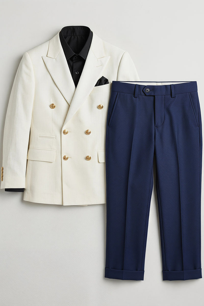 Boys Cream Double-Breasted Blazer with Navy Trousers 2-Piece Suit