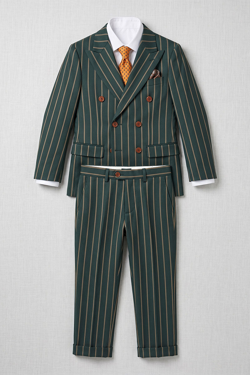 Boys Dark Green Pinstripe Double-Breasted 2-Piece Suit for Weddings
