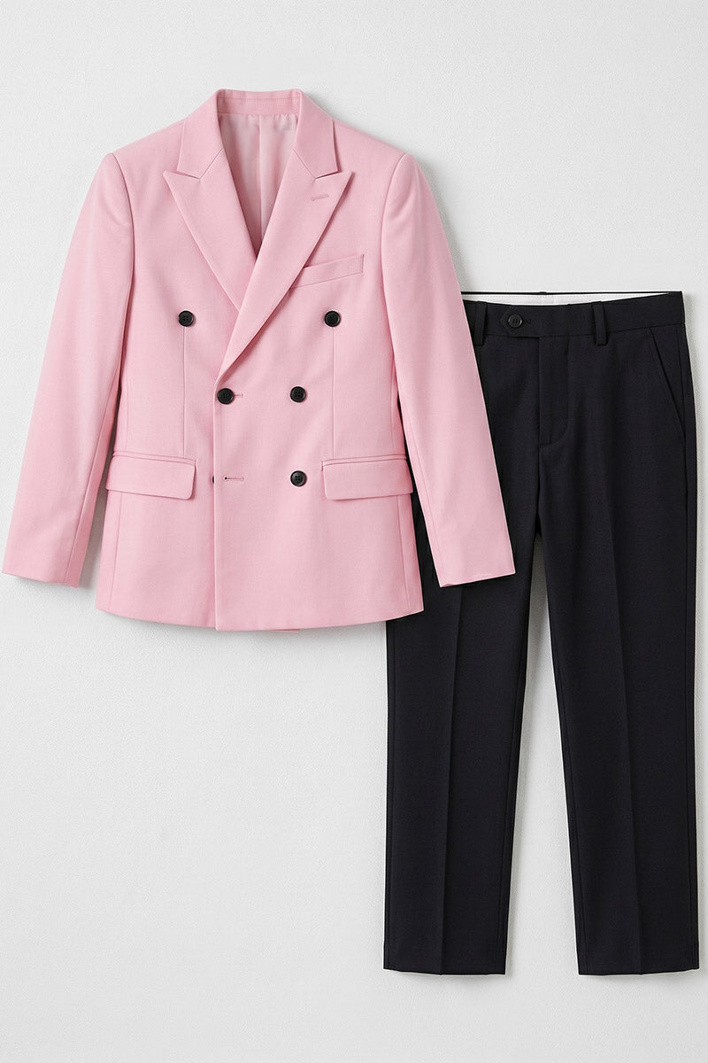 Boys Pink Double-Breasted Blazer with Black Trousers 2-Piece Suit