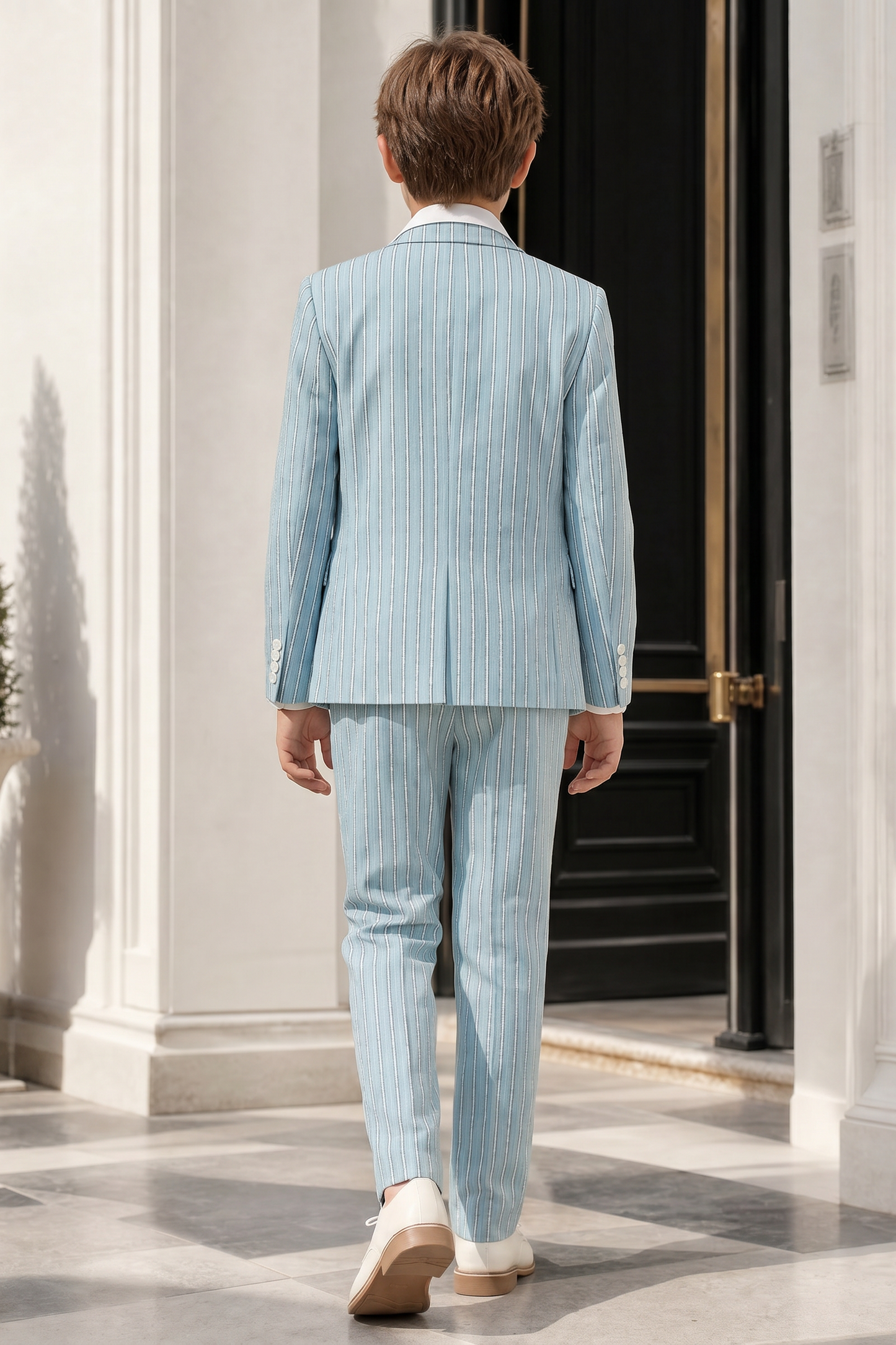 Light Blue Striped Print Double-Breasted 2-Piece Suit