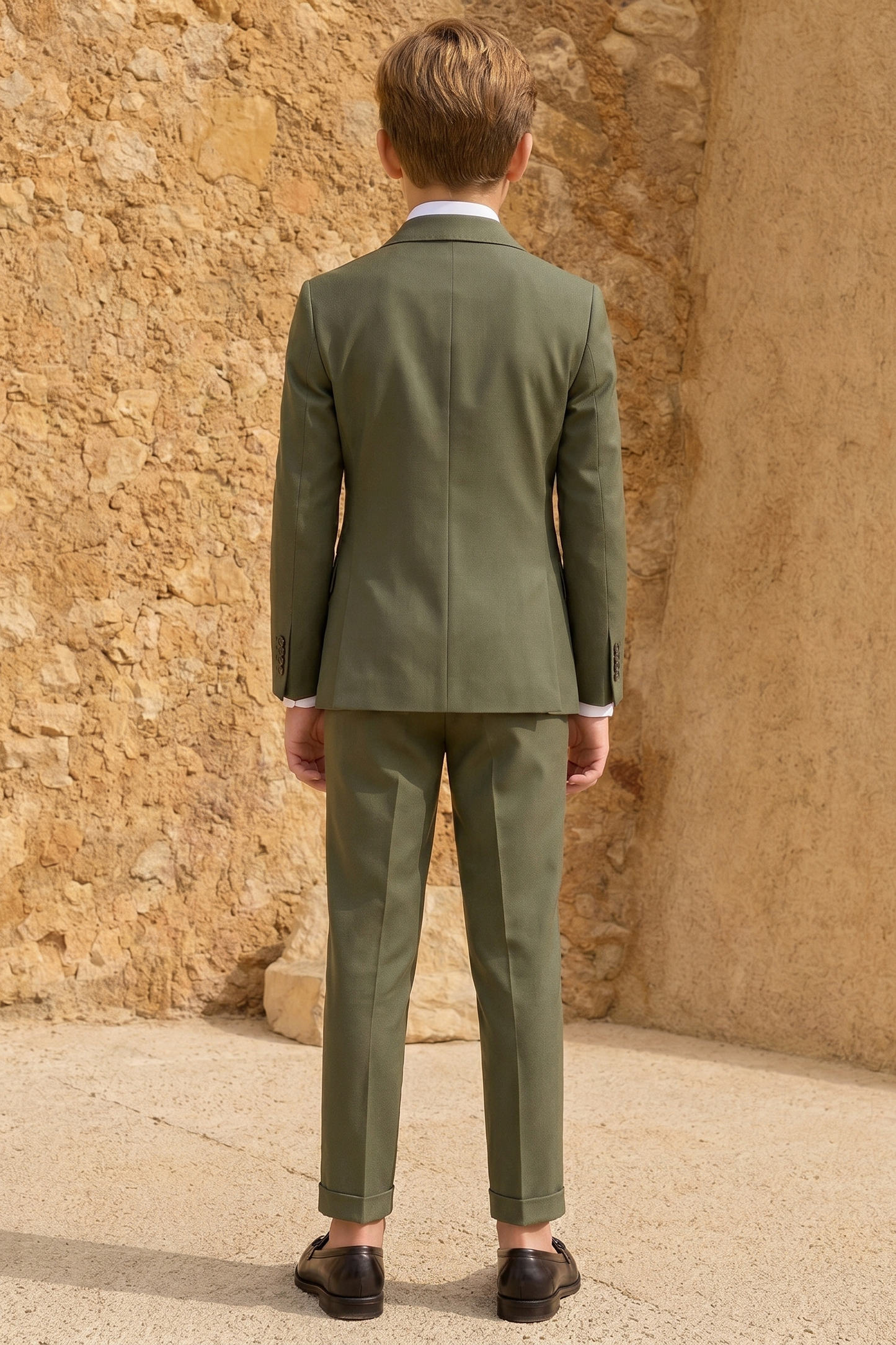 Olive green serge double-breasted two-piece suit