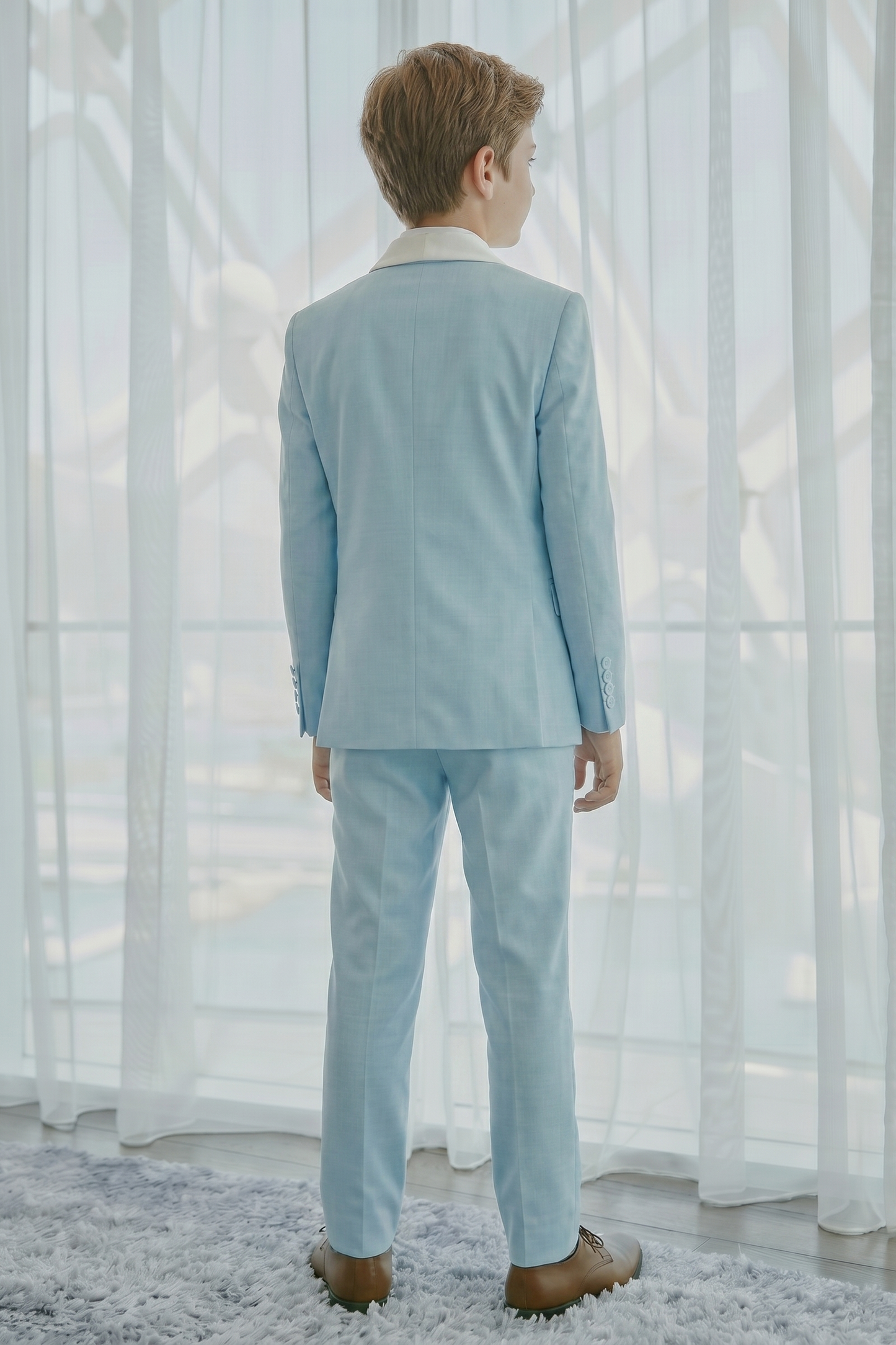 Light Sky Blue And White Cotton Linen Single-Breasted 2-Piece Suit