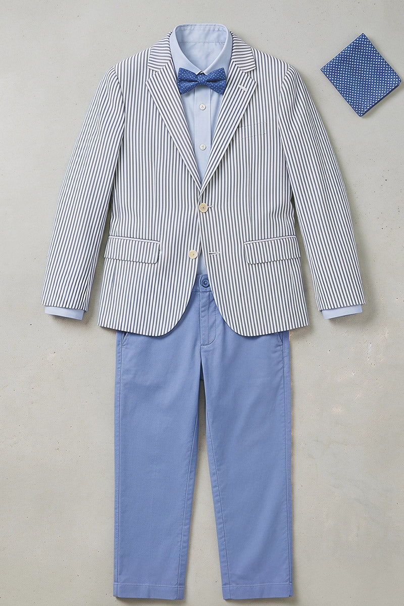 Boys Seersucker Stripe Blazer with Light Blue Trousers 2-Piece Suit for Weddings