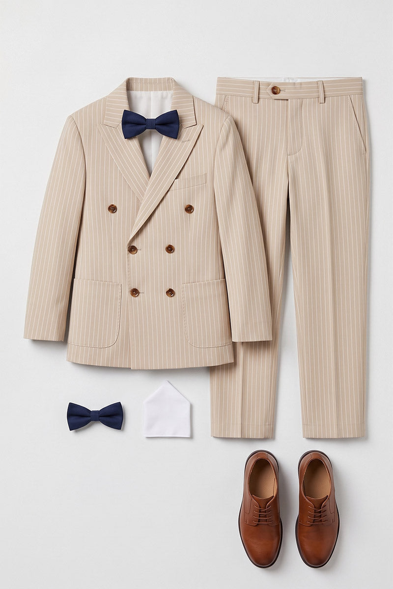 Boys Beige Pinstripe Double-Breasted 2-Piece Suit for Weddings