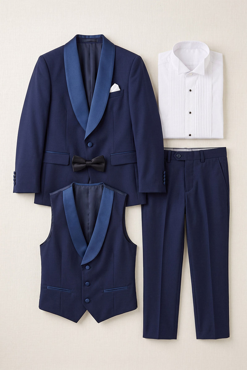 Boys Navy Blue Tuxedo with Shawl Lapel 3-Piece Suit