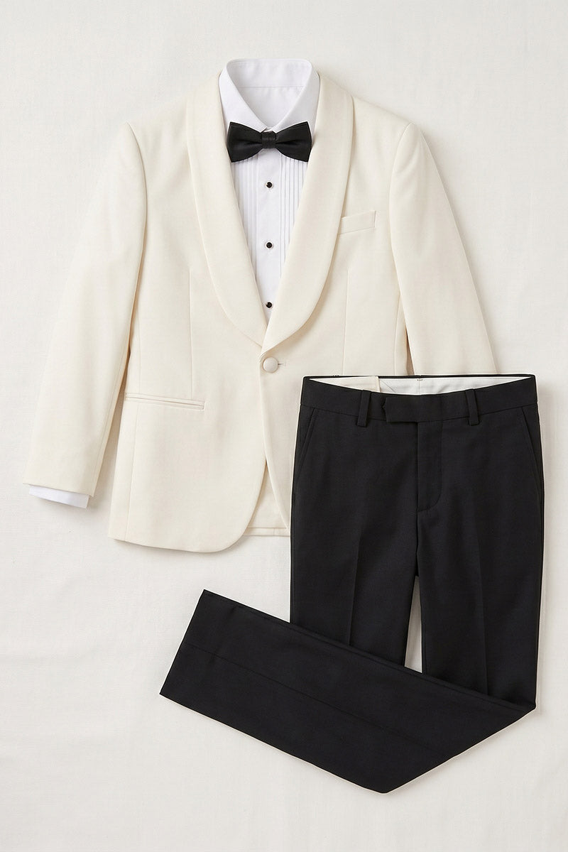 Boys Ivory Shawl Lapel Tuxedo with Black Trousers 2-Piece Suit