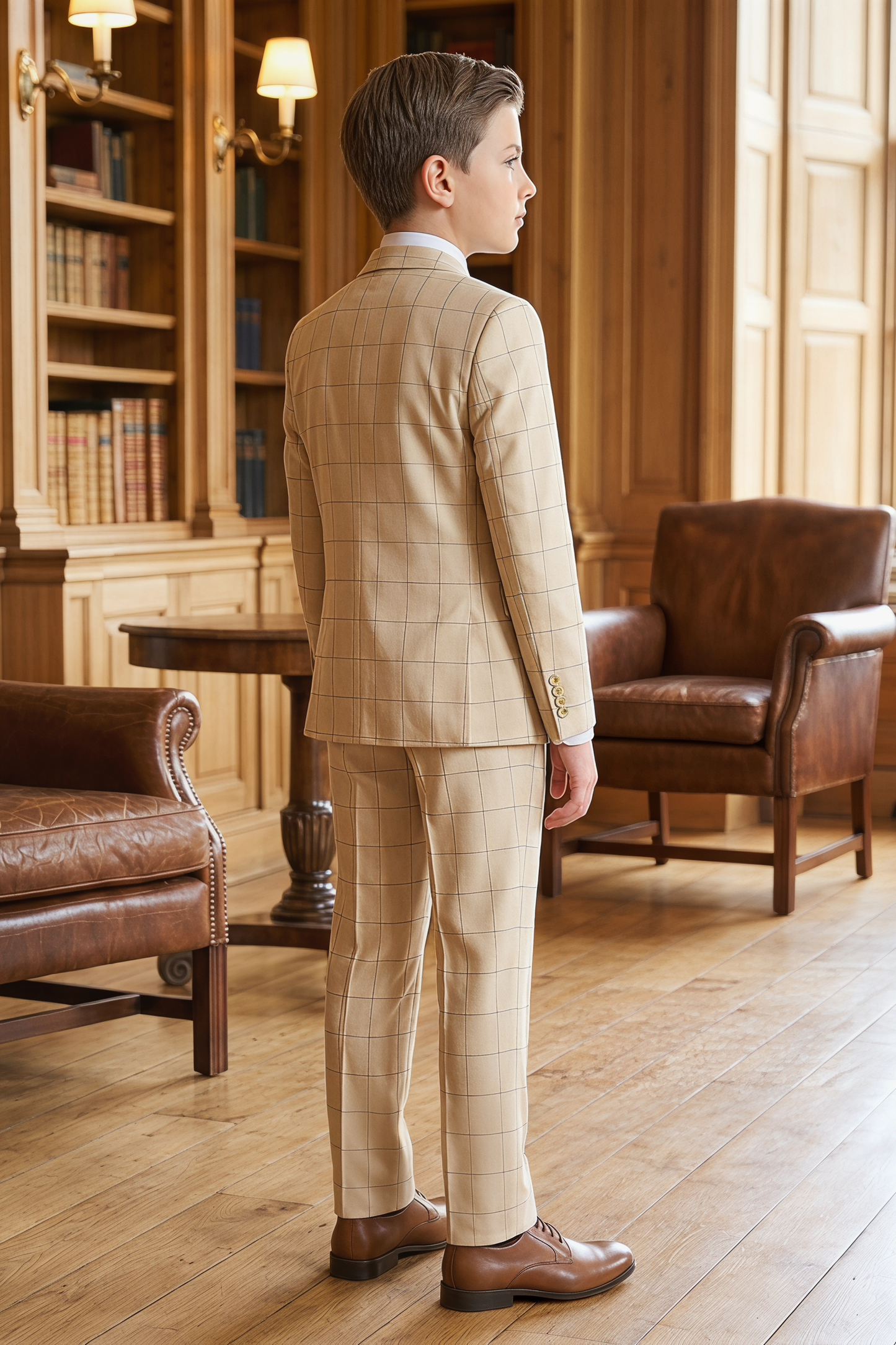 Light Khaki Plaid Dark Green Color Blocking 3-Piece Suit