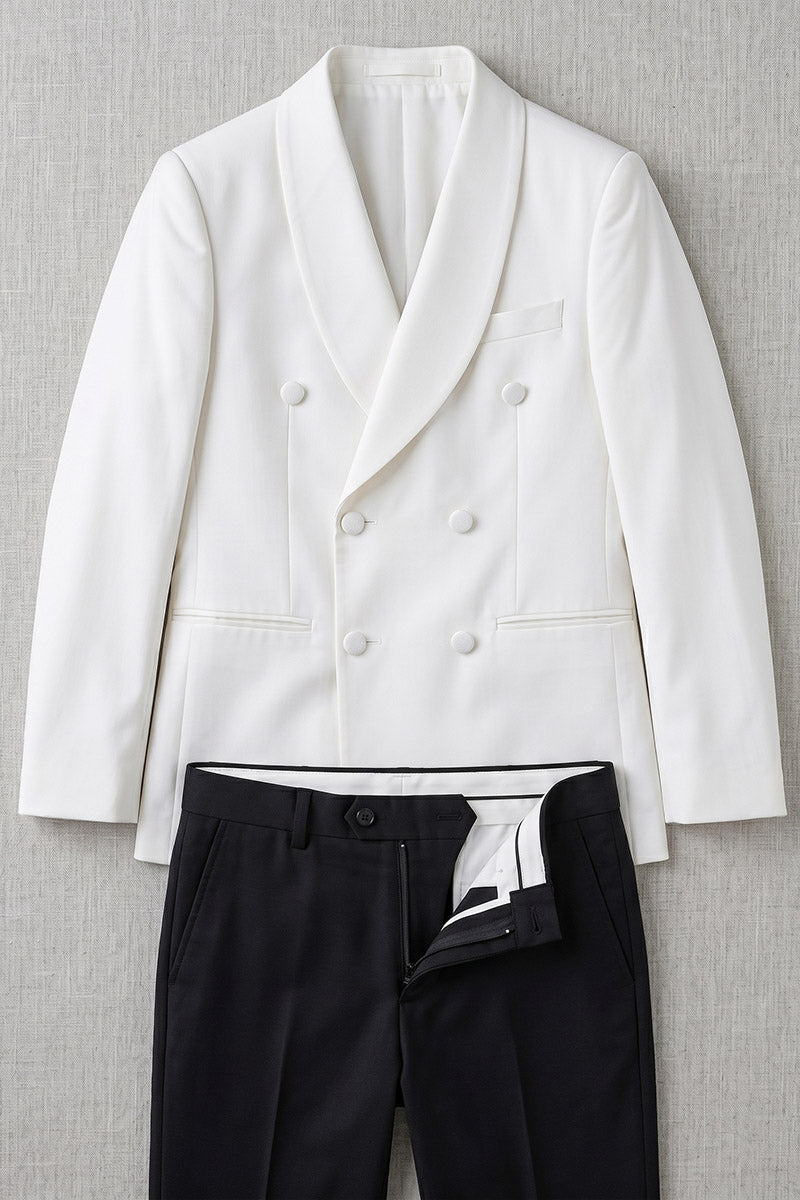 Boys White Double-Breasted Tuxedo with Black Trousers 2-Piece Suit