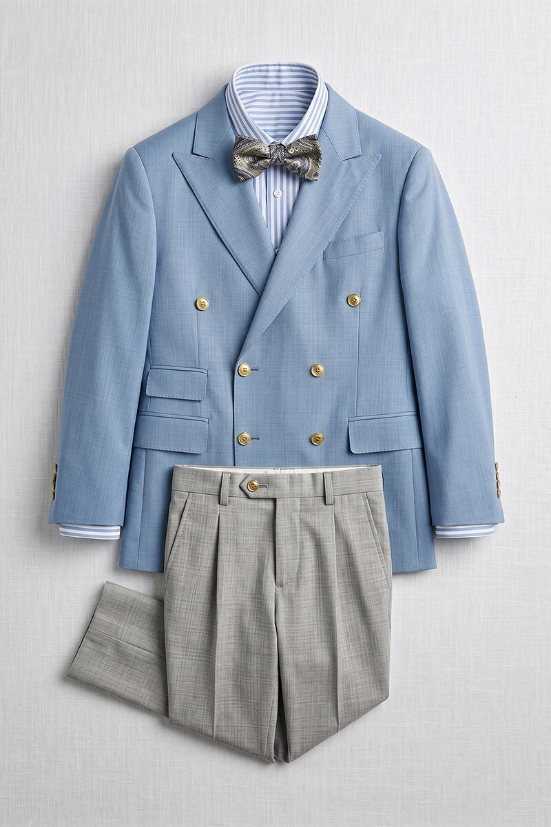 Boys Light Blue Double-Breasted Blazer with Grey Trousers 2-Piece Suit
