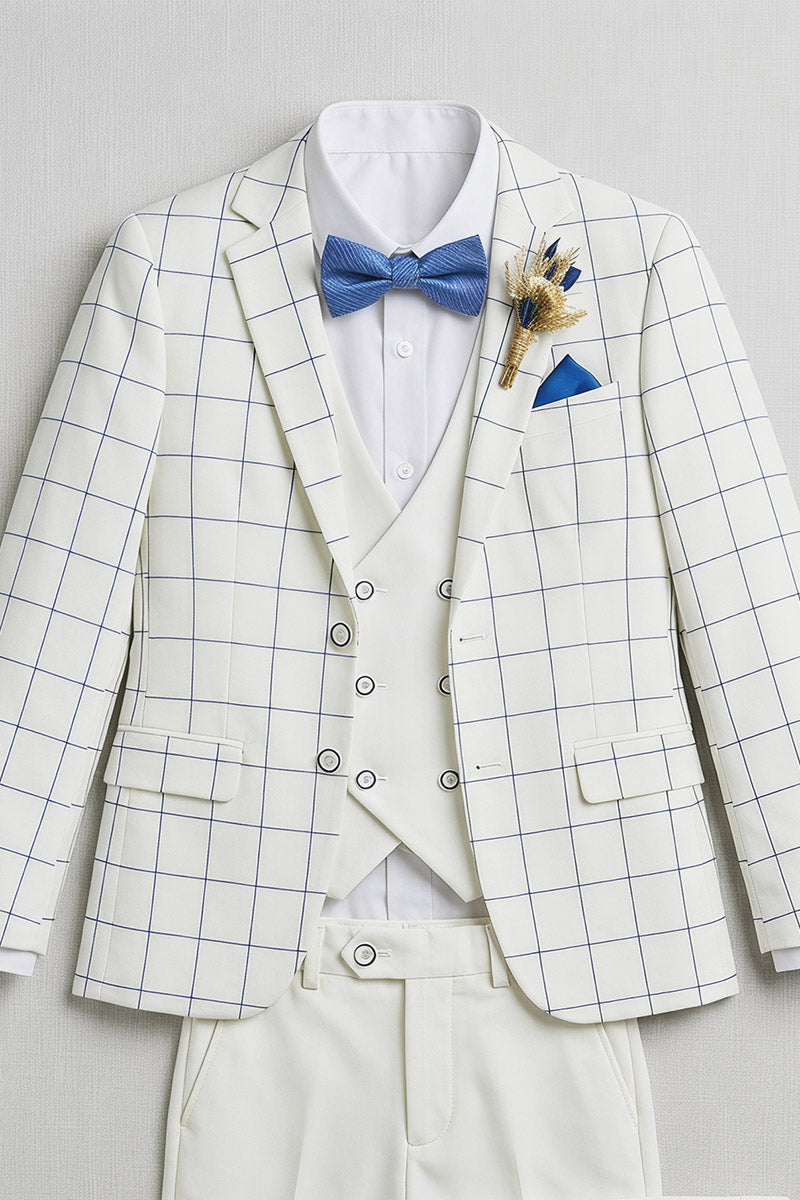 Boys White Windowpane Check 3-Piece Suit for Weddings & Formal Events