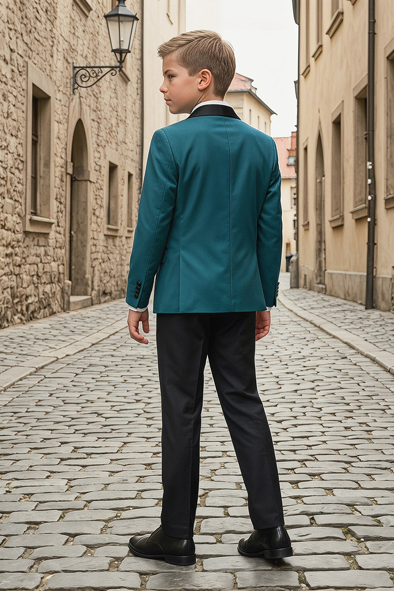 Boys Teal Shawl Lapel Tuxedo with Black Trousers 3-Piece Suit