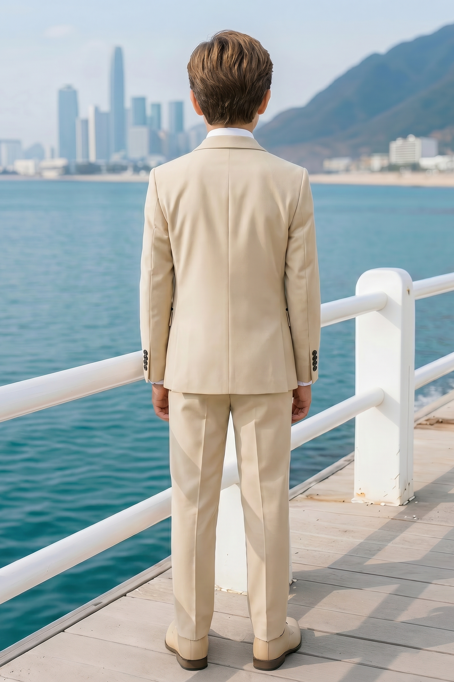 Apricot And Dark Green Color-Blocked Serge 3-Piece Suit