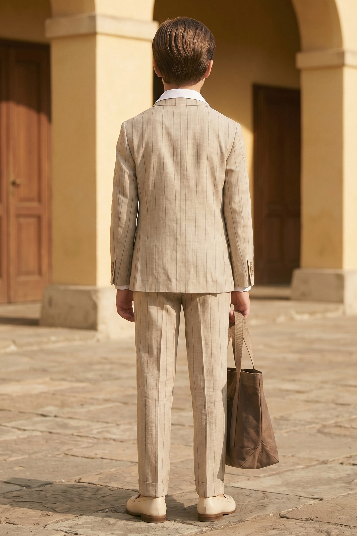 Beige Pinstripe Linen-Blend Double-Breasted 2-Piece Suit